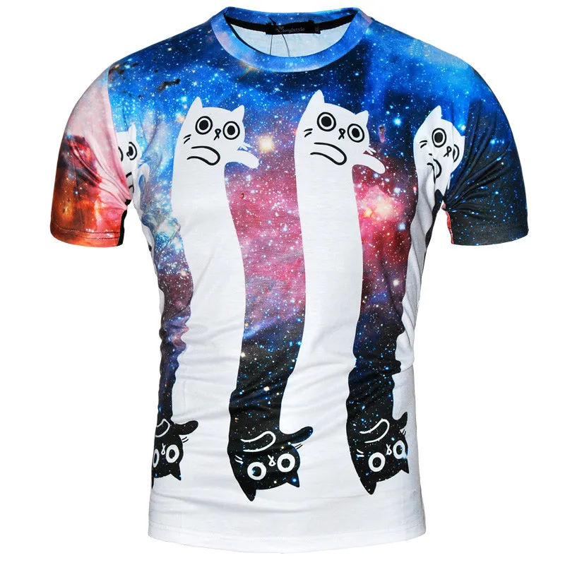 Cloudstyle 21 Patterns S-3XL 3D Men's T-Shirt Short Sleeve Cat Eating Pizza in Space Printed Tshirt Homme O Neck Brand Clothing | Мужская