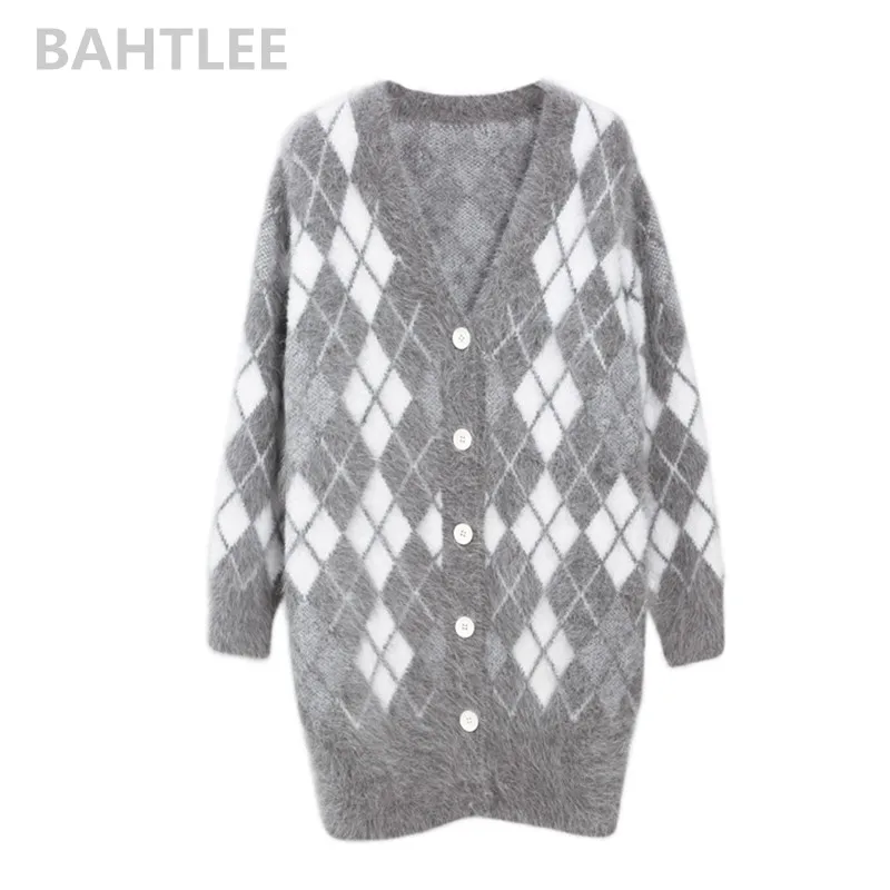 

BAHTLEE Winter Women's Angora Cardigans Knitting Sweater Mink Cashmere Looser Fashion Brand Keep Warm Geometric Pattern Pocket
