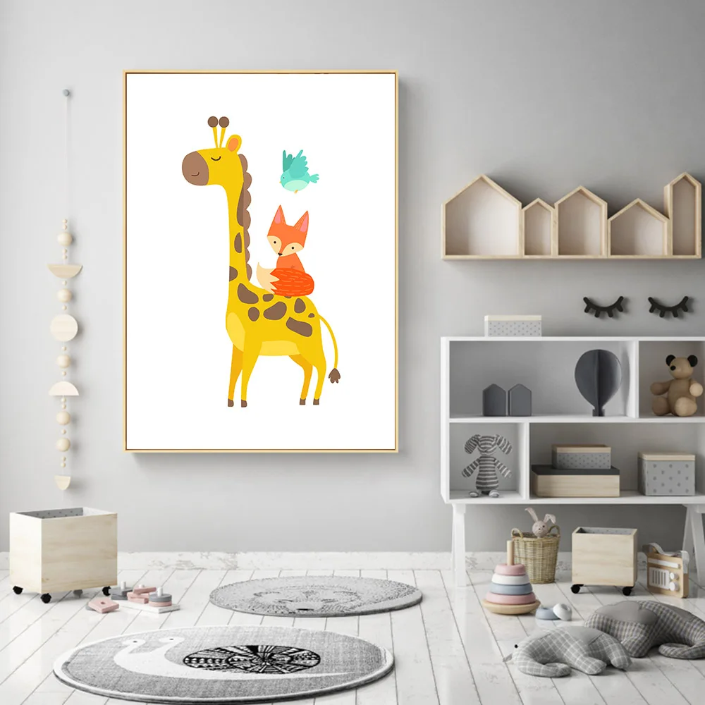 Мультфильм животных Жираф постер с изображением медведя Печать на холсте