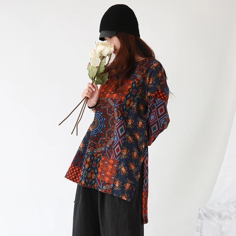 Jiqiuguer Women Coffee Floral Autumn Tops Loose O Neck Print Patchwork Pockets Three quarter Pullover Vintage T Shirts G182Y118 | Женская