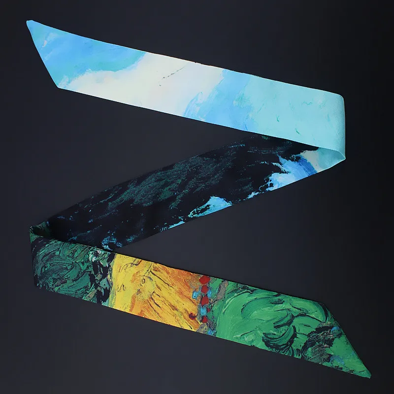 Женские модные маленькие шарфы новинка 2018 атласный шарф Сумка с лентами Ван Гог