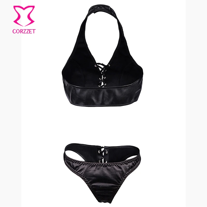 Черный кожаный бюстгальтер с лямкой на шее шнуровке и трусики большие размеры