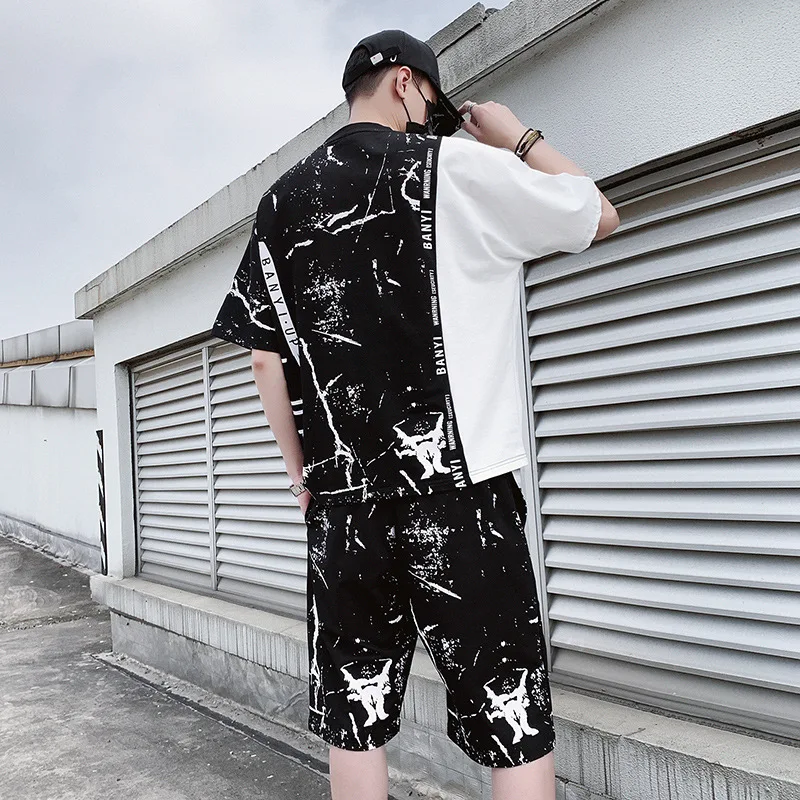

Rlyaeiz High Quality 2019 Summer Men Tracksuit Sets Casual Color Patchwork T shirts + Shorts Sporting Suits Male Sporting Wear