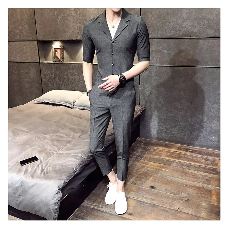 2 шт. комплект мужские рубашки и брюки Британский Стиль Camisa социальный Slim Fit рубашки мужская одежда синий Gomlek корейский Костюмы