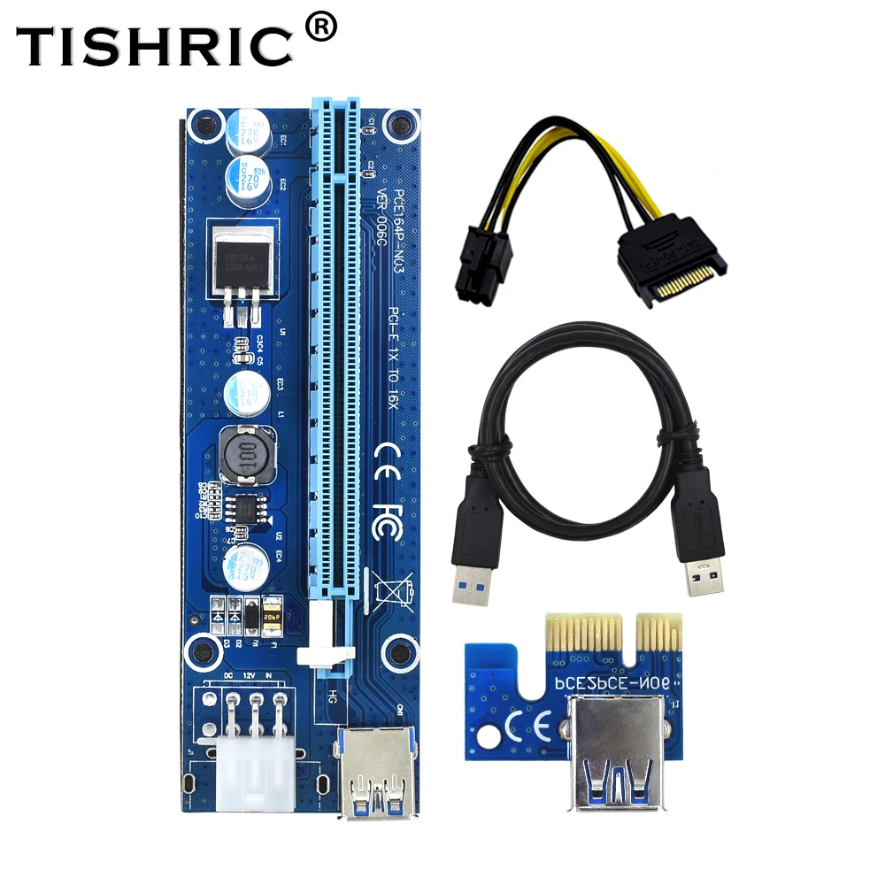 TISHRIC Riser Card 6Pin VER 006C 1x к 16x pcie PCI Express PCI-E адаптер USB 3 0 кабель SATA Power Bitcoin Miner |