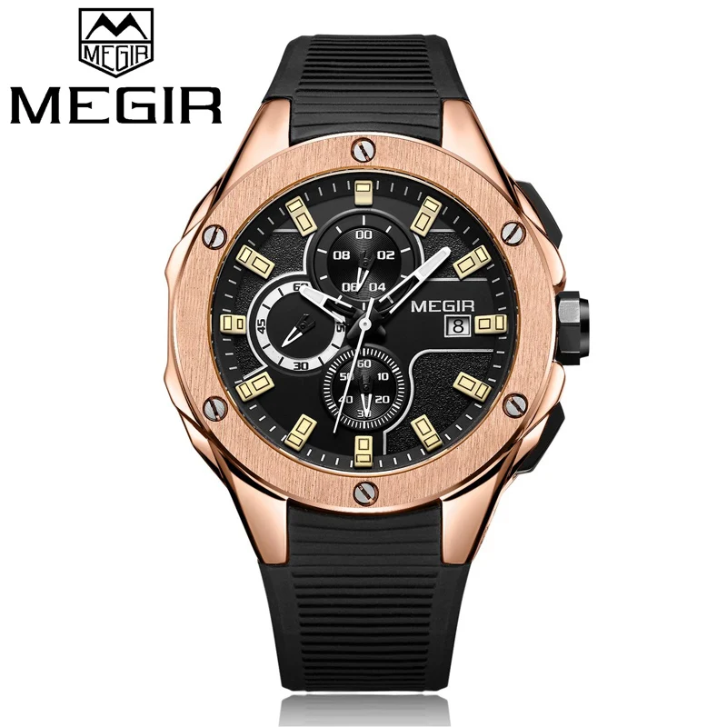Rose gold Лидирующий бренд, роскошные мужские спортивные часы MEGIR, хронограф, силиконовый ремешок, кварцевые военные часы с большим циферблатом, мужские часы, Relogio Masculino - Цвет: Rose gold