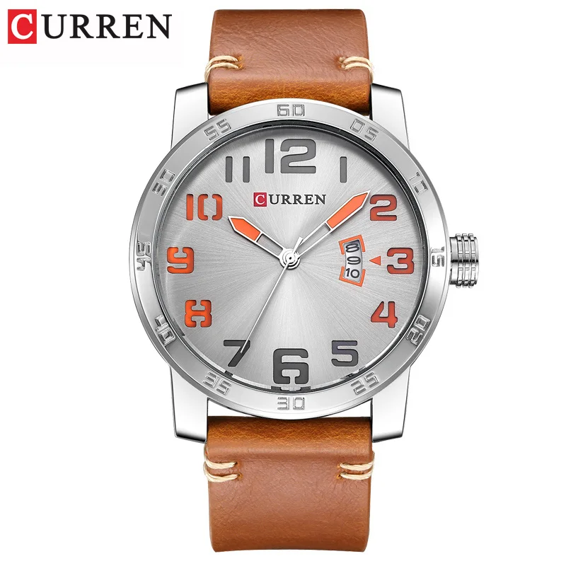 silver orange CURREN 8254 новые роскошные Брендовые мужские кварцевые часы модные мужские спортивные часы мужские армейские военные кожаные Наручные часы Reloj Hombre - Цвет: silver orange