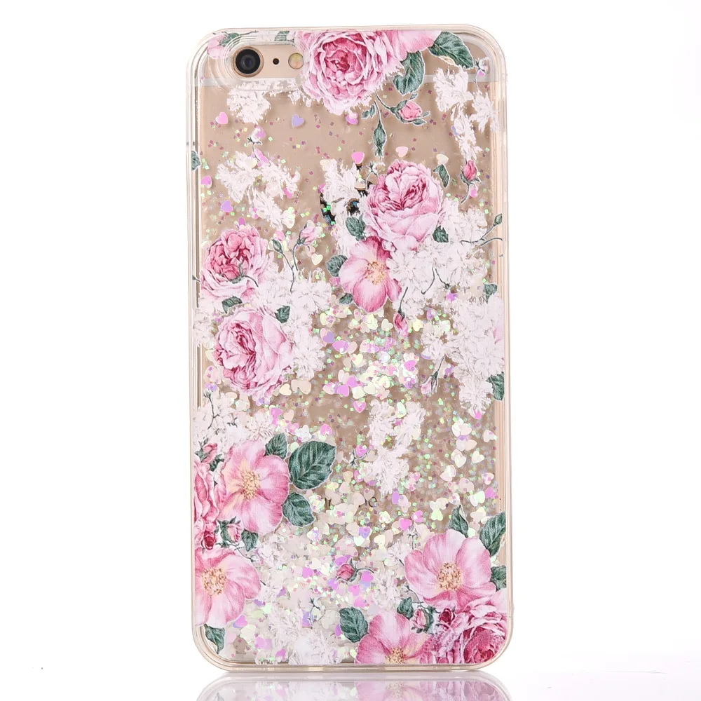 Carcasa For iPhone 6S 6Plus Flower Clear Hard Phone Bumper Coque X 7 8 7Plus 8Plus Floral Bling Liquid Cover |