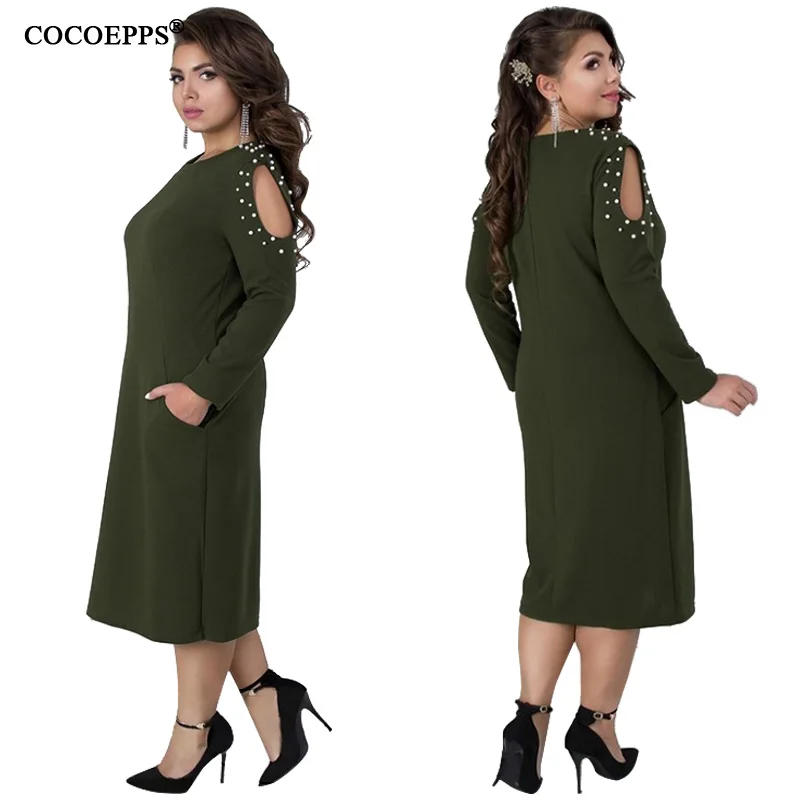 

CACNCUT 5XL 6XL 2020 Big Size Women Dress Spring Casual Long Sleeve Large Plus Size Dress Ladies Hollow out Elegant Party Dress