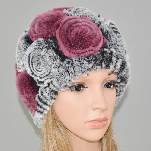 color 7 Новинка, женская шапка Skullies, настоящий мех кролика, зимняя, цветочный мех кролика Рекс, шапочки, шапка для девочек, цветы, шапки из меха кролика рекс - Цвет: color 7