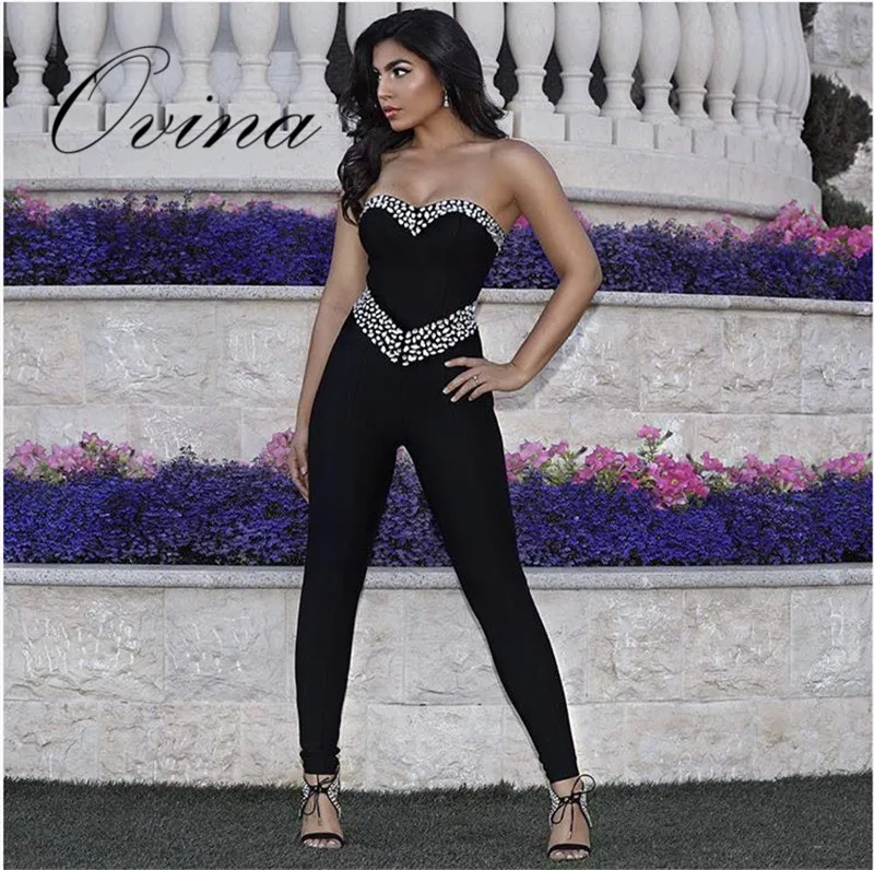 High Quality Black Sleeveless Strapless Beading Rayon Bodycon Bandage Rompers Jumpsuits