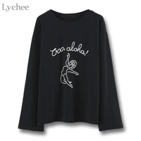 lychee spring autumn women t shirt letter character print casual loose long sleeve t shirt tee top female