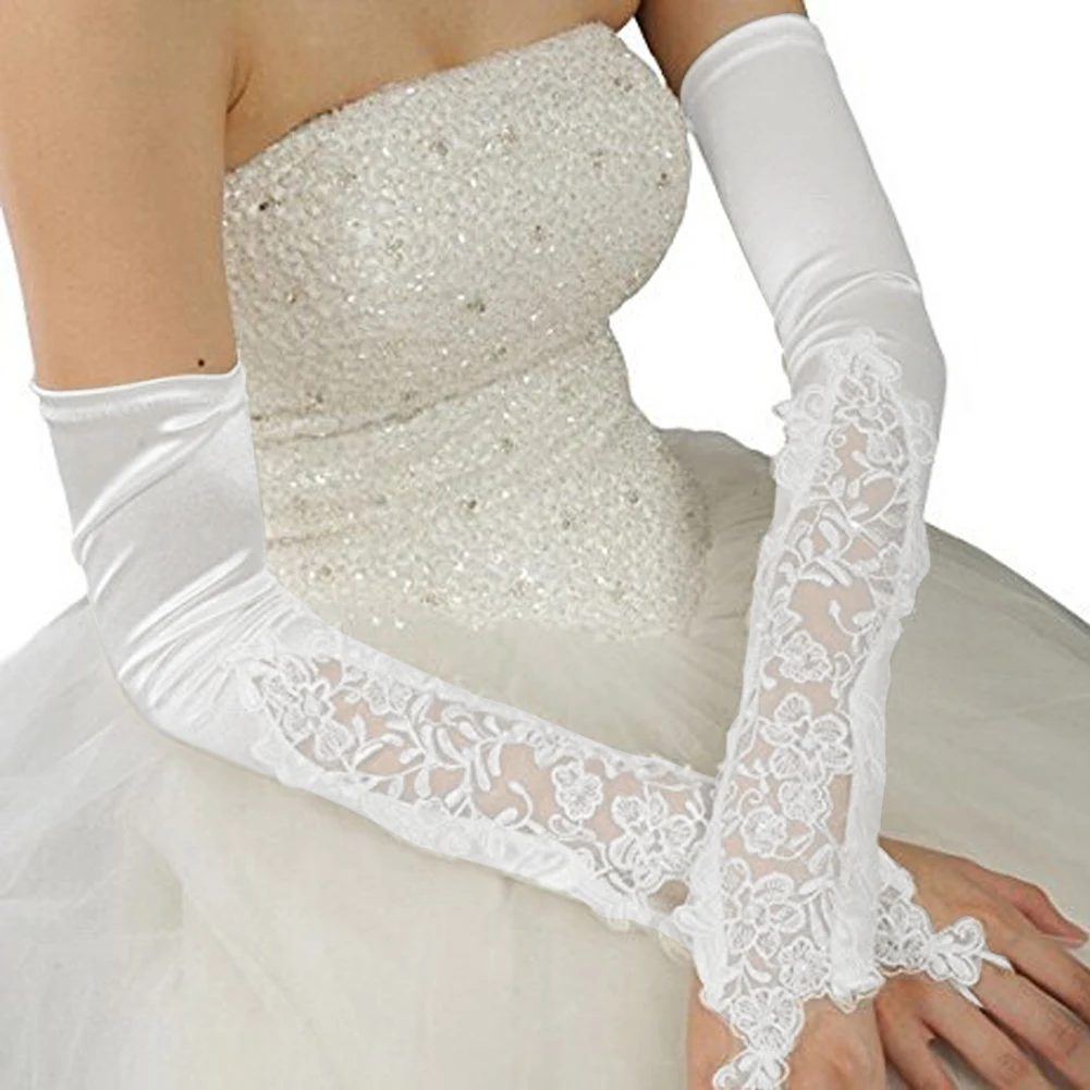 Женские перчатки 2017 модные женские тянущиеся Сатиновые кружевные с аппликацией