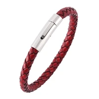 vintage women jewelry men red leather braided bracelet unisex stainless steel snap bracelets bangles for woman man gifts sp0030