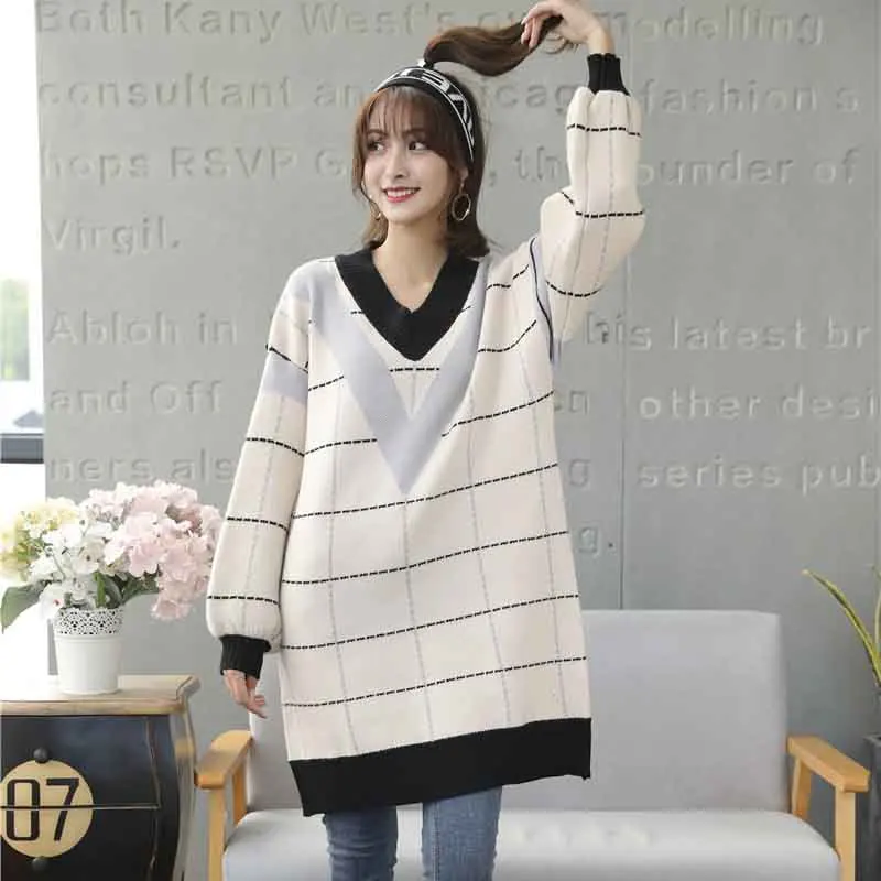 Loose Knitted Sweater V Neck Female 2018 Women Sweaters dress Pullovers Autumn Long Sleeve Jumper | Женская одежда