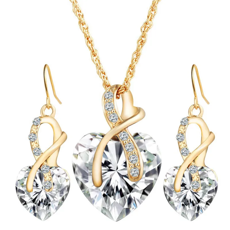 Austrial Crystal Heart Pendant Necklace Earrings Jewellery Set Gold Jewelry Sets For Women Bridal Wedding 2016 Set001 | Украшения и