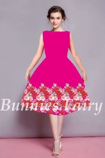BunniesFairy, весна, новинка, Хепберн, винтажный стиль, красный, розовый, цветочный принт, высокая талия, жилет, миди, платье, новогодние, вечерние