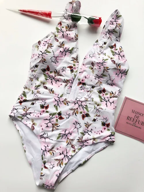 2017 Цельный купальник с цветочным принтом и v-образным вырезом купальный костюм