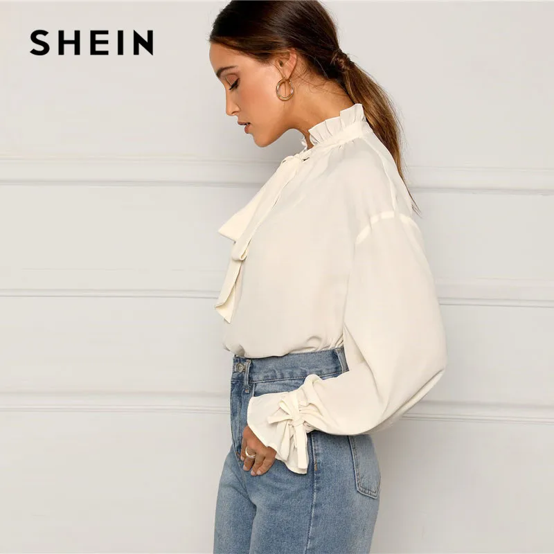 SHEIN Топ С Оригинальным Рукавом И Бантом Элегантная Офисная Блузка С Длинным Рукавом