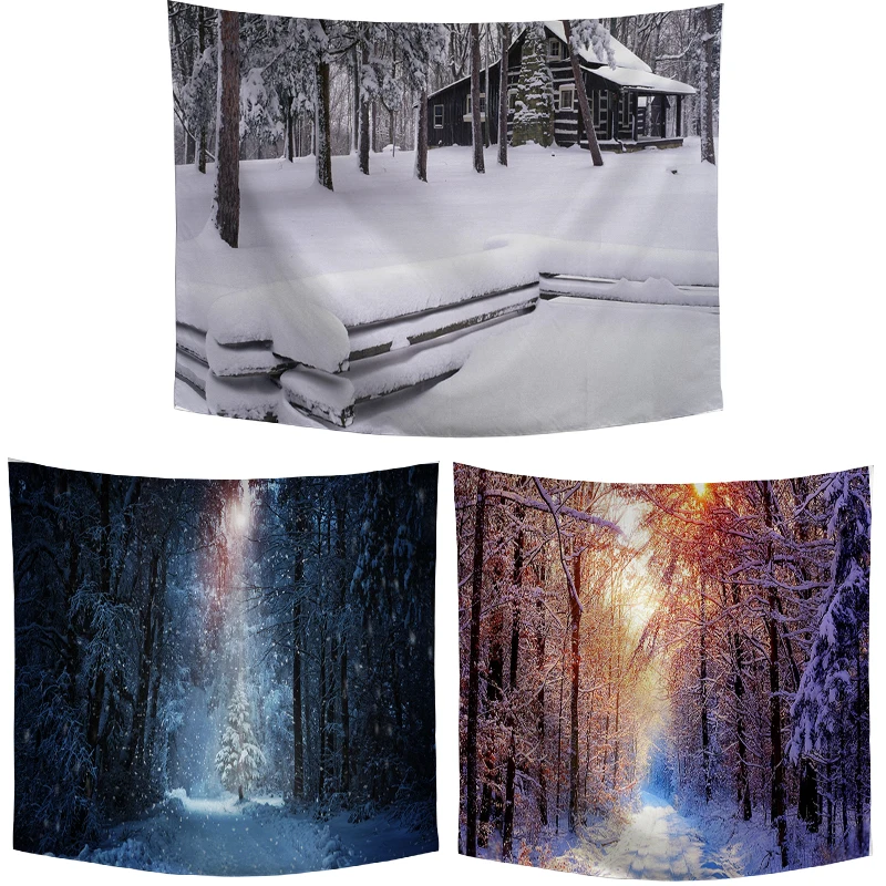 3D зимний гобелен со снежной стеной дом дерево лес солнечный свет красивый белый
