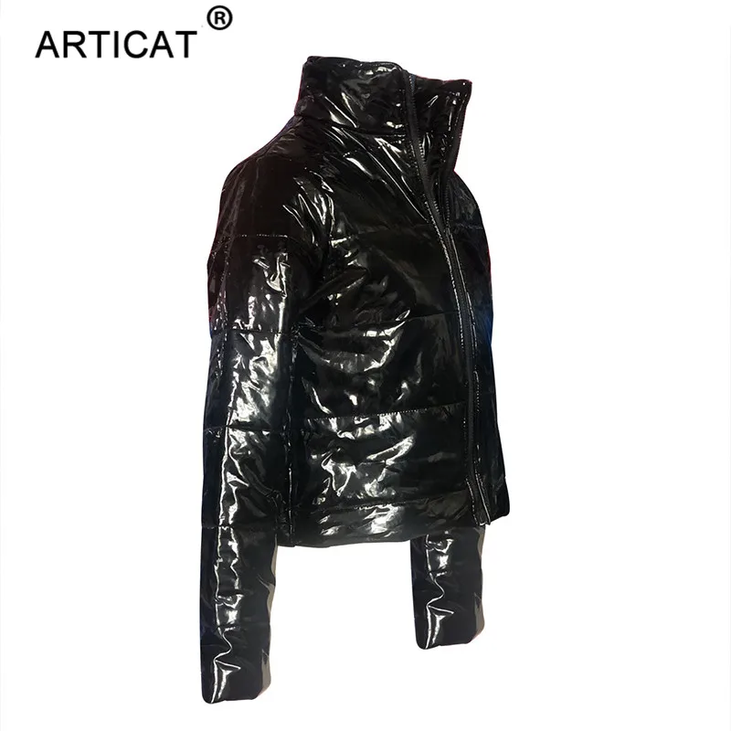 Articat зимняя куртка из искусственной кожи на молнии Женская Короткая Толстая парка со стоячим воротником стеганая куртка Верхняя одежда Пальто-пузырь с длинным рукавом