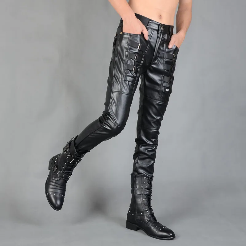 Black motorcycle all-match faux leather pants men casual feet trousers straight pu for mens clothing dance fashion 2020 | Мужская одежда