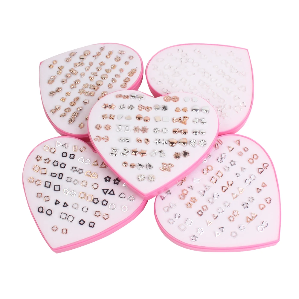 36 pairs/set Women Geometric Heart Flower Stud Earrings Sets New Gold Silver Color Metal Bowknot Earring Female Jewelry Gifts