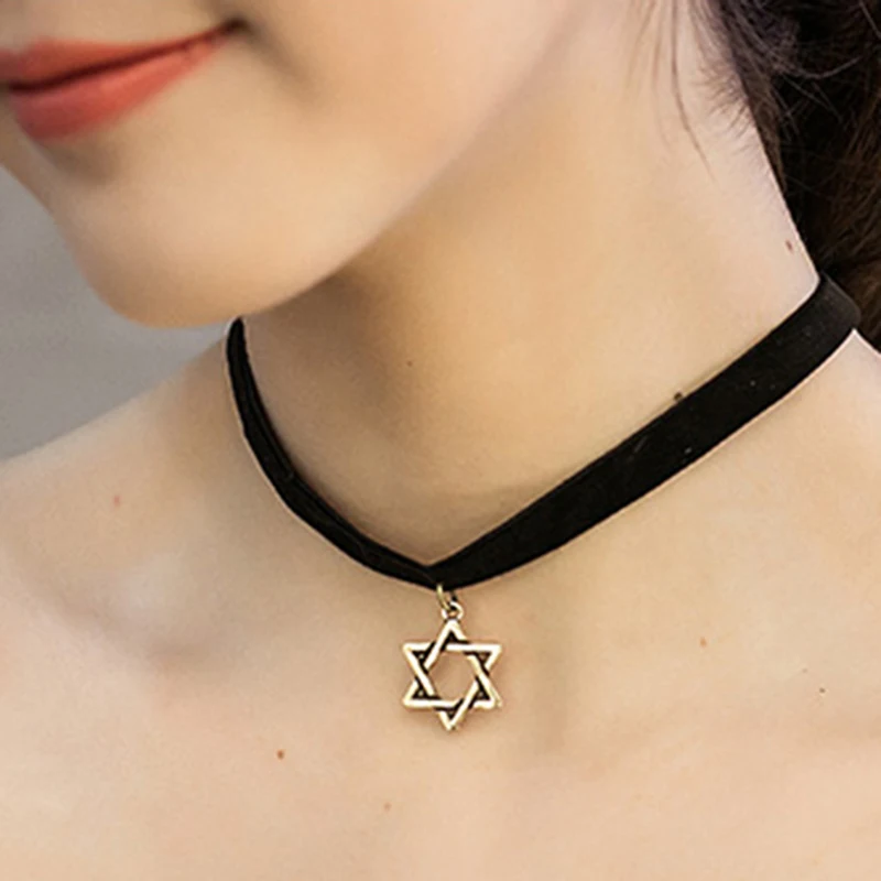 Женское ожерелье с подвеской в стиле Харадзюку Звезда Давида черное бархатное