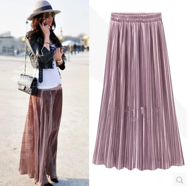 Женские блестящие плиссированные юбки TingYiLi с металлическим блеском длинная юбка