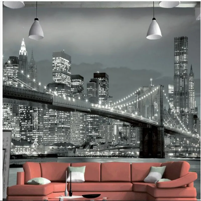 beibehang papel de parede European and American urban landscape black white night photography TV background wall | Обустройство дома