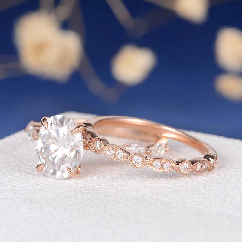 18K розовое золото Moissanite свадебные наборы обручальное кольцо набор центр 1ct овальная огранка боковая маркиза обручальное кольцо женский деко вечность 2 шт
