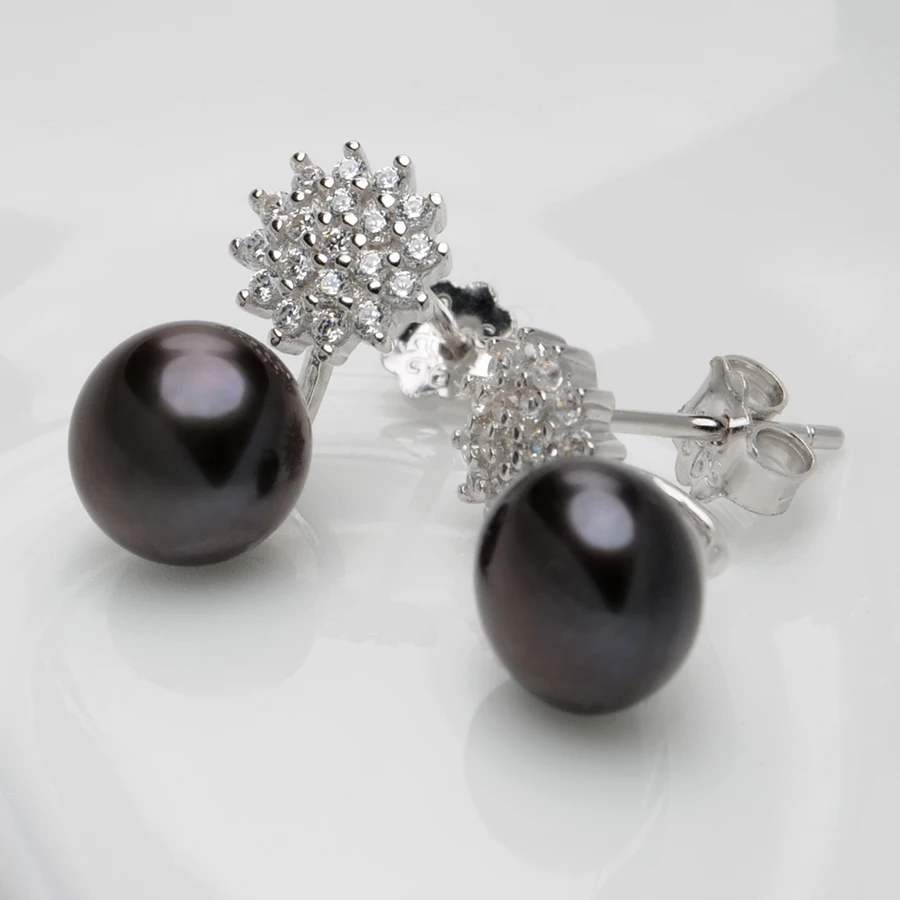Женские серьги гвоздики с натуральным черным жемчугом FEIGE из стерлингового