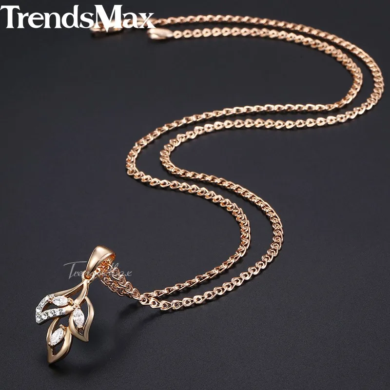 Trendsmax, женское ожерелье, подвеска в форме листа, 585, розовое золото, заполненное прозрачным кубическим цирконием, ожерелье для женщин KGP195