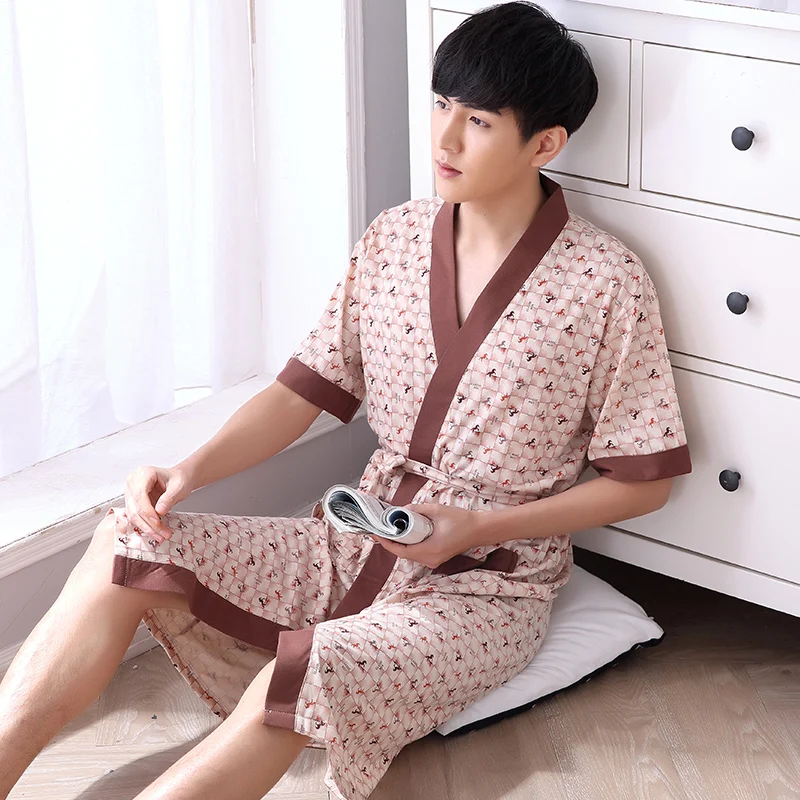 Summer Robes Men Cotton Short-sleeve Men's japanese Style Bathrobe 100% Cotton Sleepwear Thin Plus Size 4XL