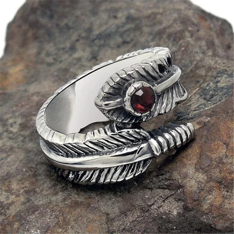 Titanium steel Rings Retro Silver Feather Handmade Vintage Red Garnet Natural Stone Jewerly Opening Size For Women And Men | Украшения и
