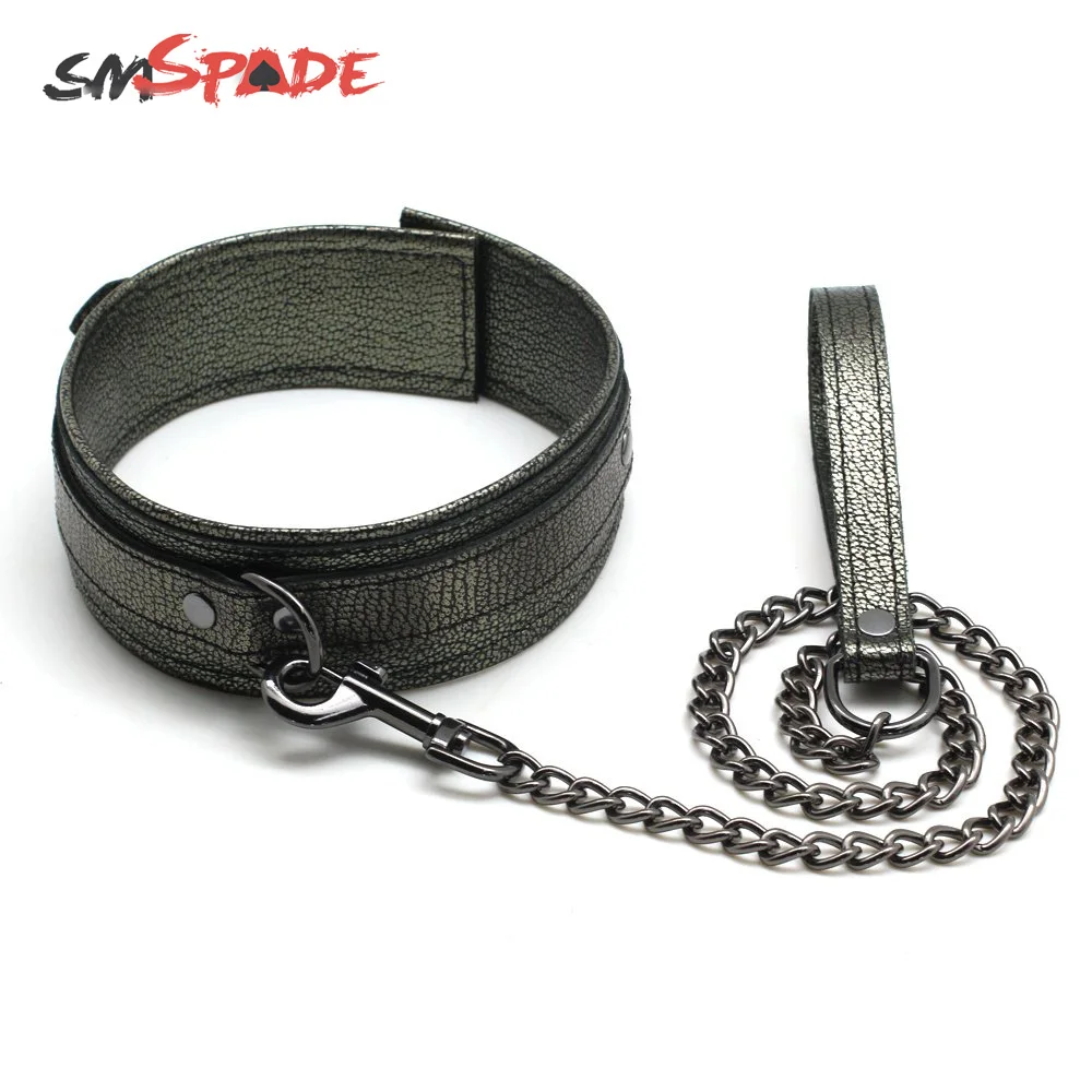 SMSPADE темно-зеленый ошейник из натуральной кожи и металлический поводок для