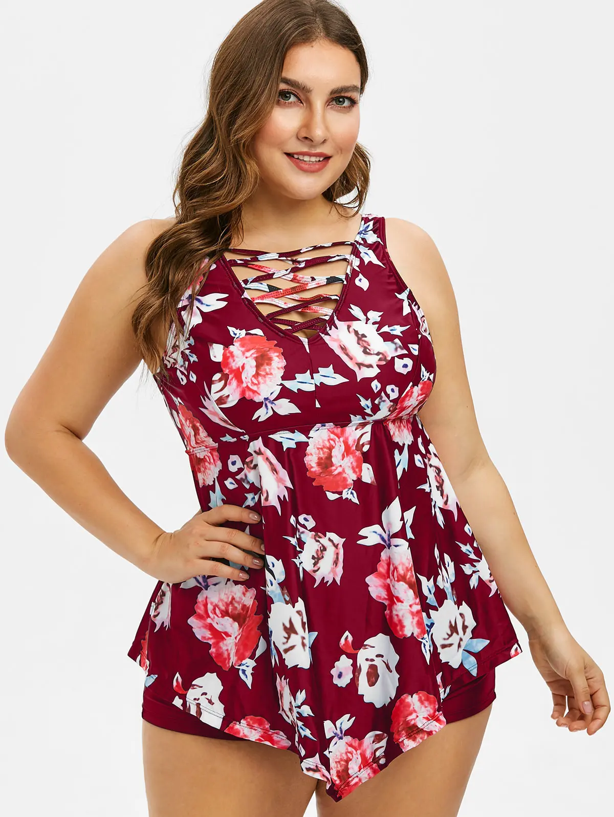 Женский комплект с цветочным принтом ROSEGAL крестиком и баской размера плюс летний