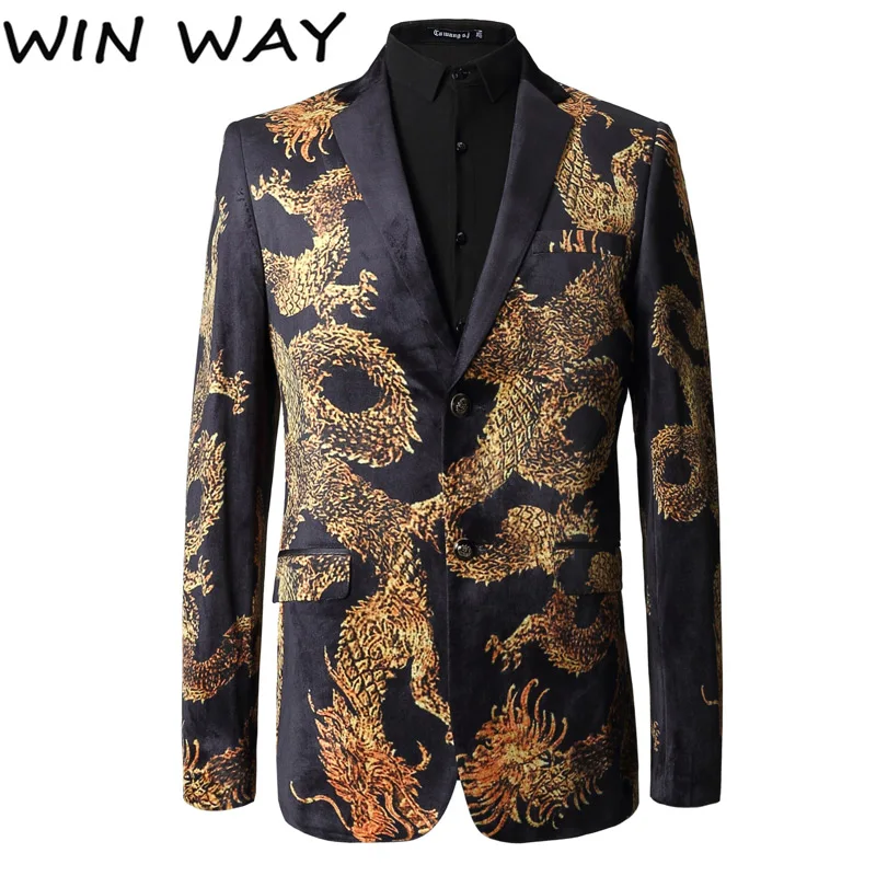 Win Way новинка черный блейзер костюм в китайском стиле приталенный с принтом