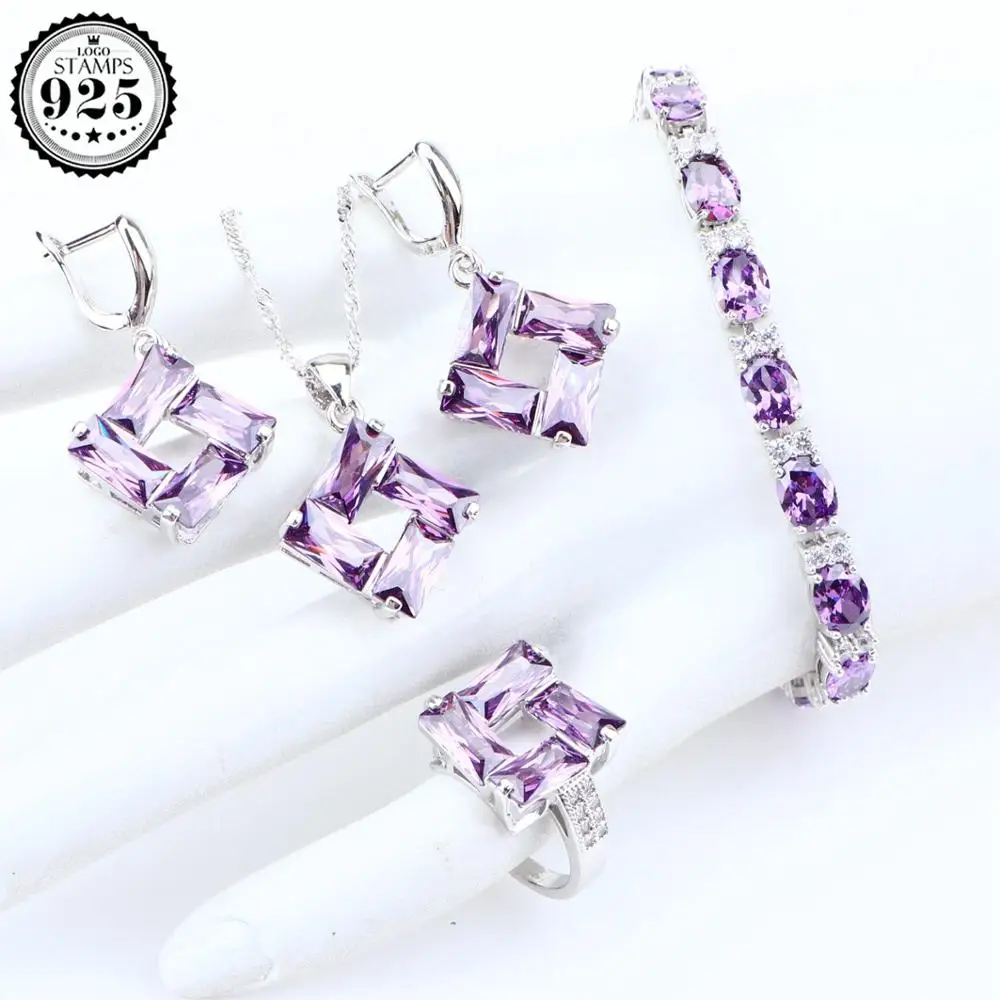 4PCS Свадебный костюм, серебро 925, ювелирный набор, серьги для женщин, свадьба, фиолетовый циркон, ювелирное изделие, кулон, ожерелье, кольцо, набор, подарочная коробка - Metal color: 4PCS