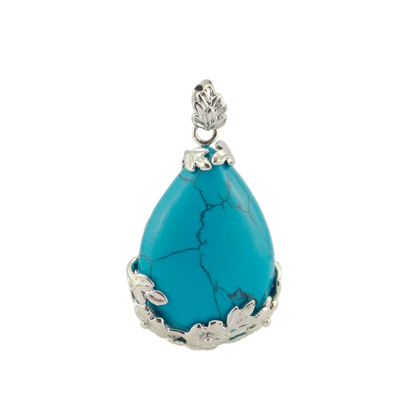 blue turquoise Полый цветок Рейки чакра камень кулон из природного кварца аметисты лазурит опал бирюзы Подвески Исцеление ювелирные изделия для женщин - Окраска металла: blue turquoise