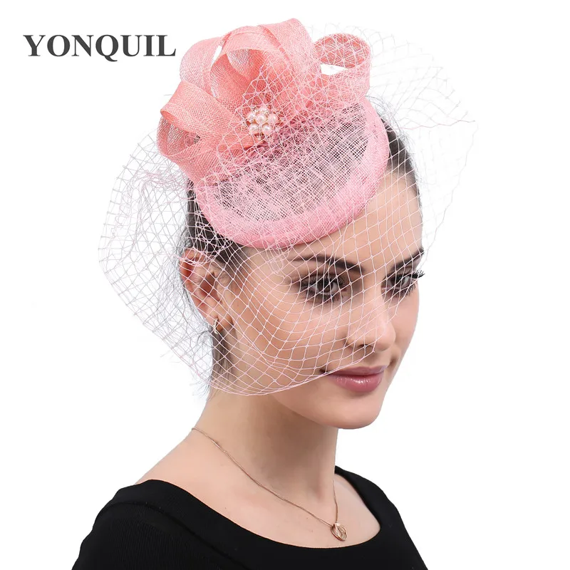 

Pink Bridal Fascinator Hats Women Hair Accessories Wedding Veils Ornaments Headpieces Linen Dance Party Hairpins 2020 New Style