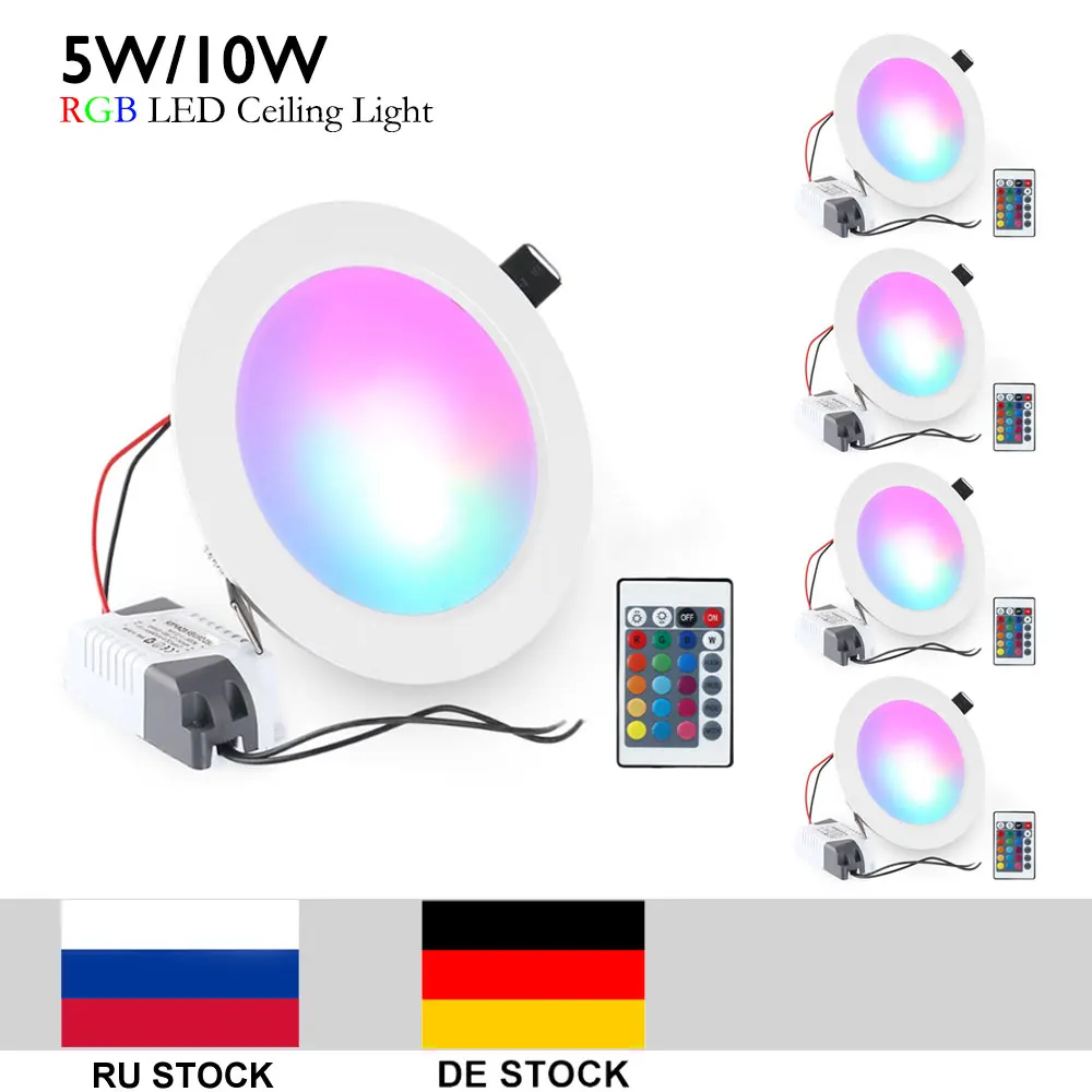 5 шт./лот, 5 Вт, 10 Вт, RGB светодиодный потолочный светильник белого цвета, потолочный светильник, встраиваемые точечные лампы с дистанционным RGB AC85-265V CE/ROHS