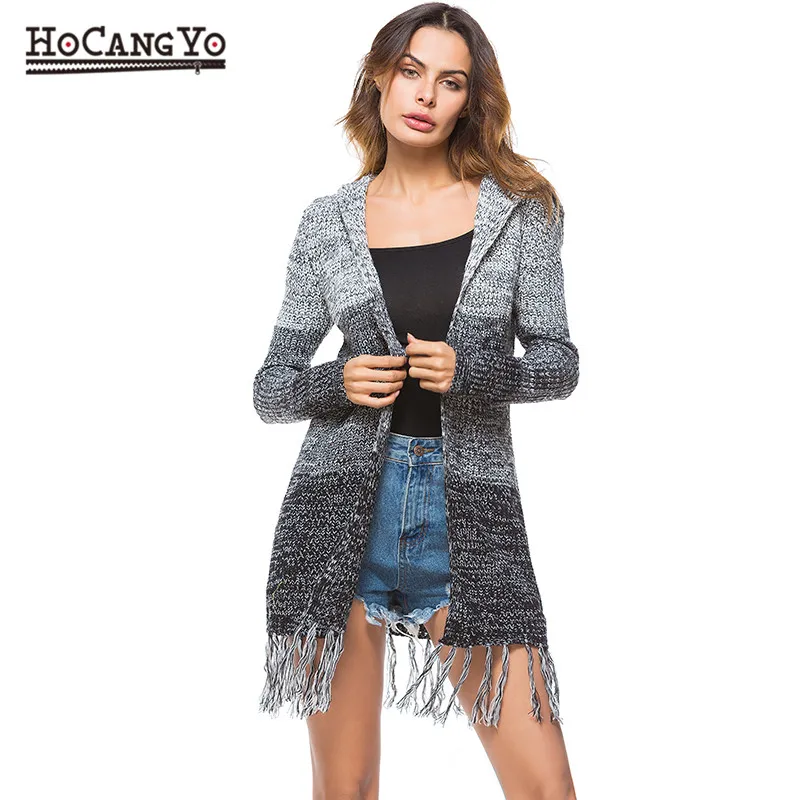 HCYO Spring Women's Clothing Long Cardigan Sweaters Large Size Hooded Knitted Cardigans Ladies Loose Casual Tassel Sweater Coat |