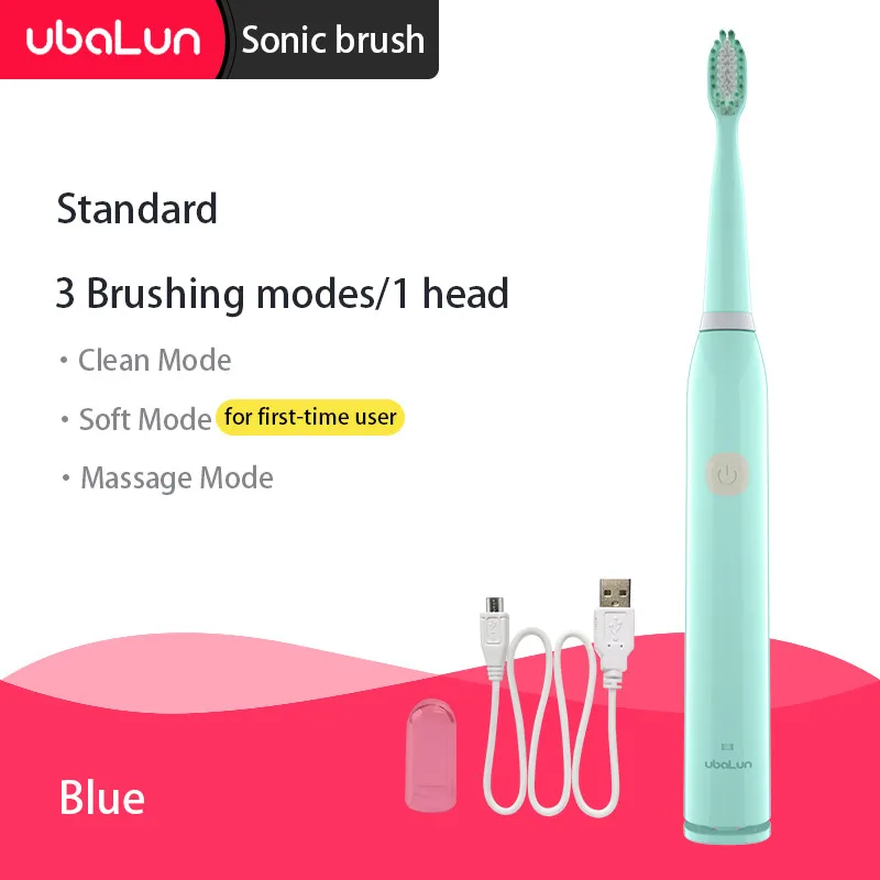 Blue 3 modes 1 head UBALUN Электрический Зубная щётка 5 режимов зубная щетка электрическая перезарядки зубные электрическая щетка 8 сменная насадка для Sonic Зубная щётка - Цвет: Blue 3 modes 1 head