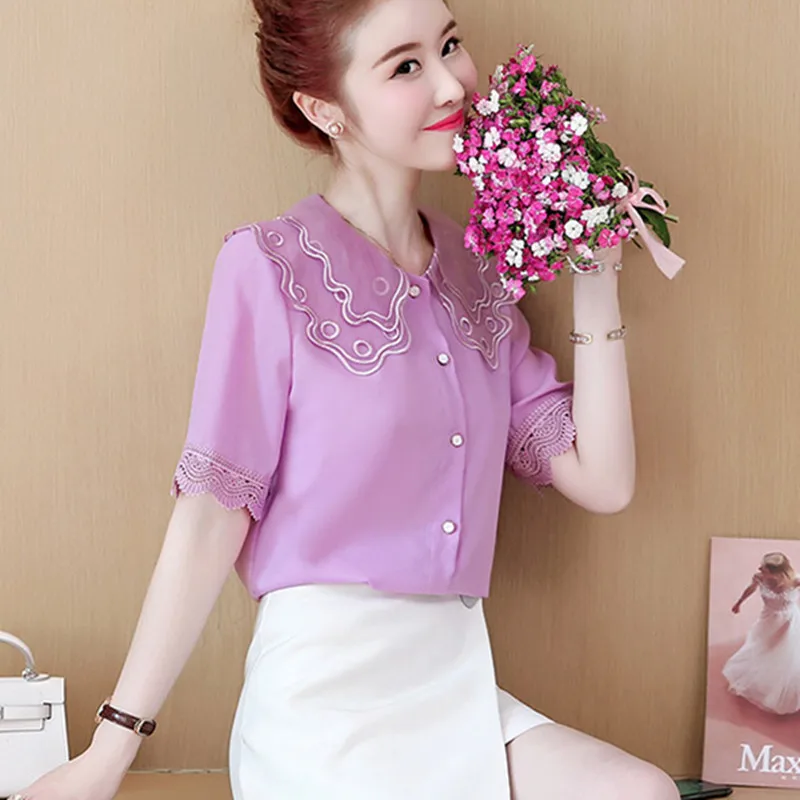 Блузка женская шифоновая с коротким рукавом Модная элегантная приталенная