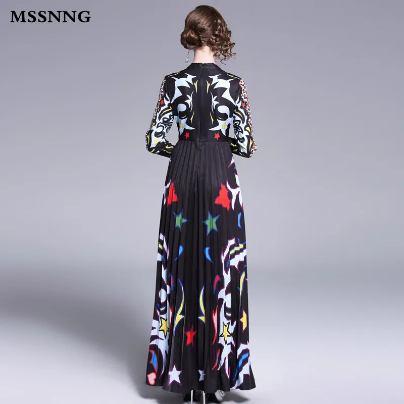 MSSNNG 2019 Spring Print Stand Collar Floor Length Long Dress Women Full Sleeve Leopard Dresses High Waist Pleated Vestidos | Женская