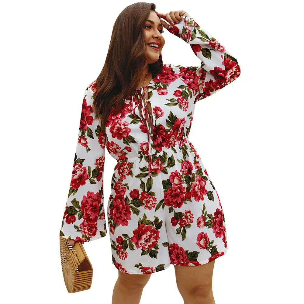 Flower Bodycon Bodysuit Female Rompers Lacing Plus Size 3XL 4XL Women Playsuits Full Sleeve Floral Printed Bodysuits |