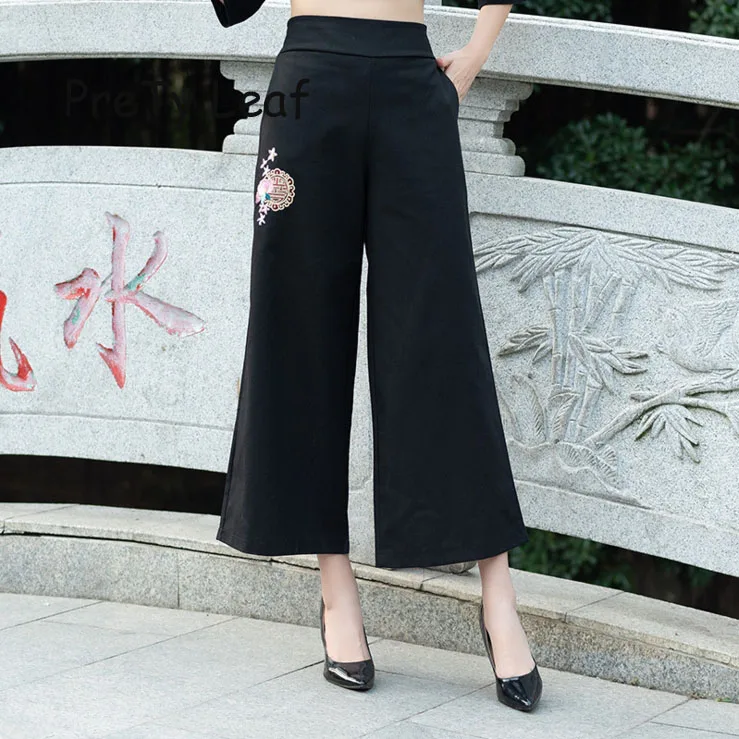 Новинка лета 2019 широкие брюки из хлопка и льна с вышивкой в национальном стиле |