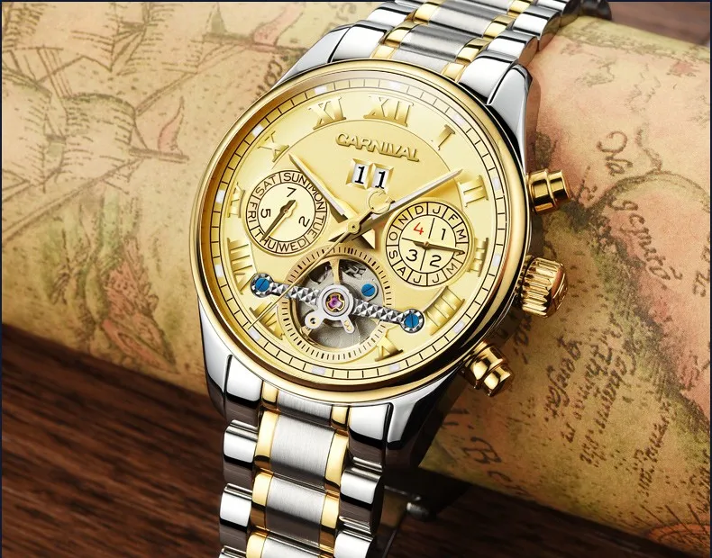 Роскошные карнавальные tourbillon часы мужчин серебро Нержавеющая сталь Водонепроницаемый автомат Дата наручные часы Relógio мужской