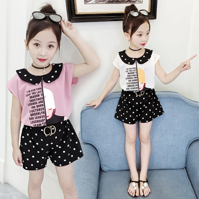 Одежда для девочек летняя одежда Модный комплект детей Топ в горошек + шорты 3 13